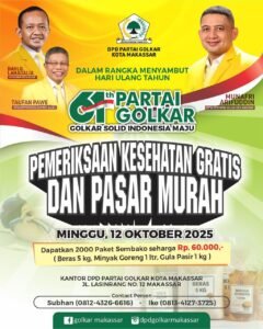 Peringatan HUT ke-61, Golkar Makassar Berbagi Dua Ribu Paket Sembako Murah dan Pemeriksaan Kesehatan Gratis Peringatan HUT ke-61, Golkar Makassar Berbagi Dua Ribu Paket Sembako Murah dan Pemeriksaan Kesehatan Gratis
