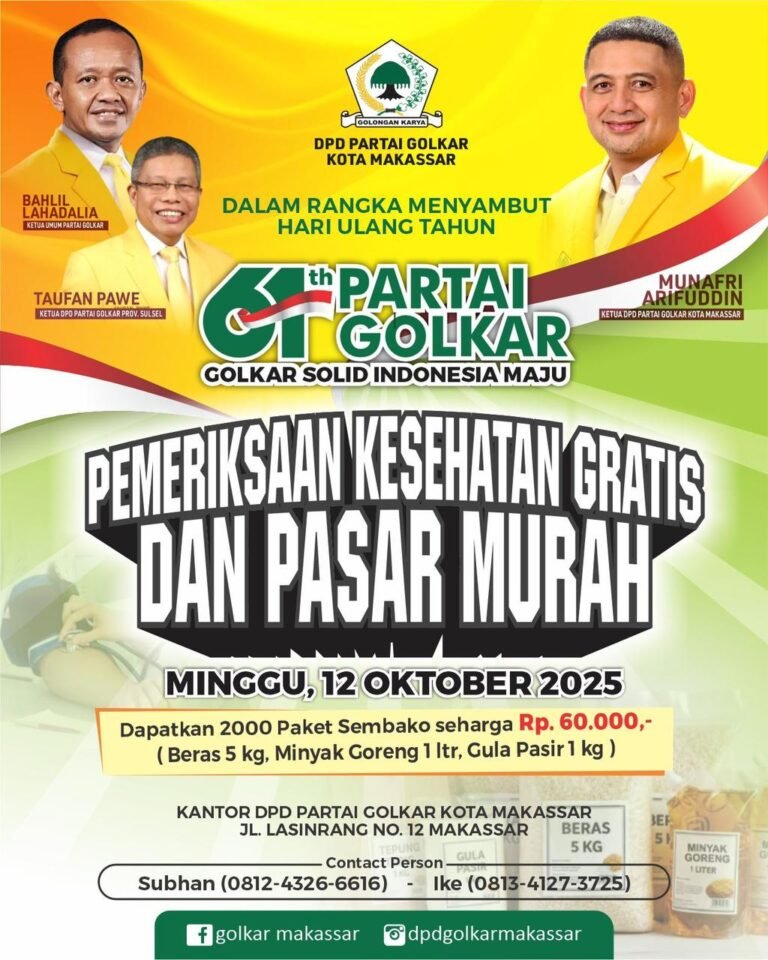 Peringatan HUT ke-61, Golkar Makassar Berbagi Dua Ribu Paket Sembako Murah dan Pemeriksaan Kesehatan Gratis Peringatan HUT ke-61, Golkar Makassar Berbagi Dua Ribu Paket Sembako Murah dan Pemeriksaan Kesehatan Gratis